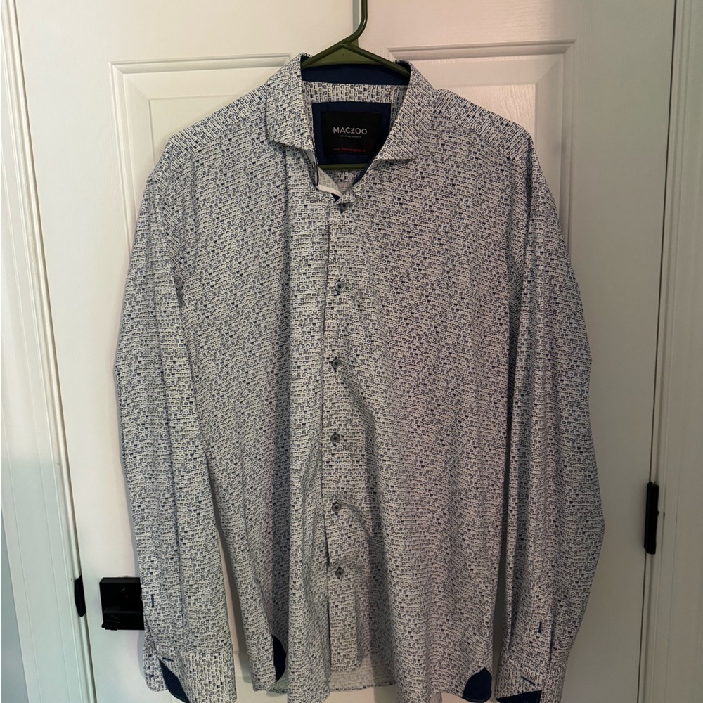 Men's Maceoo White & Navy Microprint Button-Up Shirt